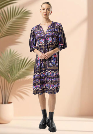Midi Notch Neck Dress in Purple Floral Print