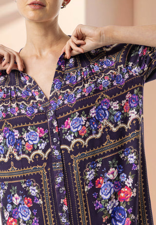 Midi Notch Neck Dress in Purple Floral Print