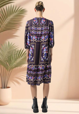 Midi Notch Neck Dress in Purple Floral Print