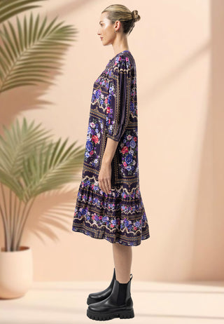 Midi Notch Neck Dress in Purple Floral Print