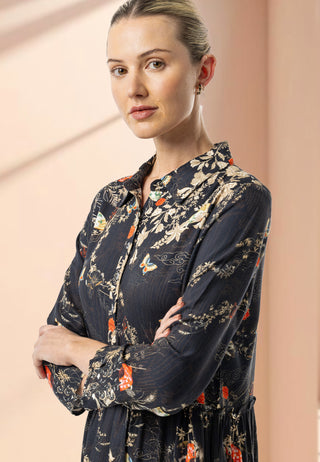 Midi Shirt Dress in Black Floral Print