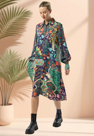 Midi Shirt Dress in Navy Floral Print