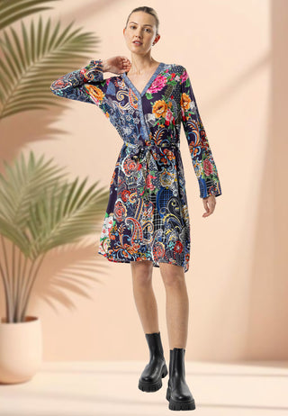 Collarless Shirt Dress in Navy Garden Print