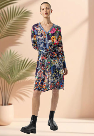 Collarless Shirt Dress in Navy Garden Print