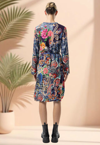 Collarless Shirt Dress in Navy Garden Print