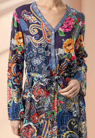 Collarless Shirt Dress in Navy Garden Print