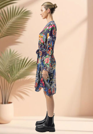 Collarless Shirt Dress in Navy Garden Print