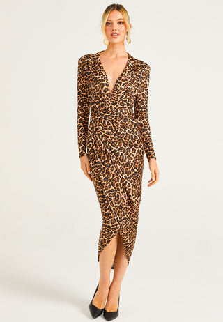 Plunge Neck Faux Wrap Print Midi Dress in Leopard - ANGELEYE