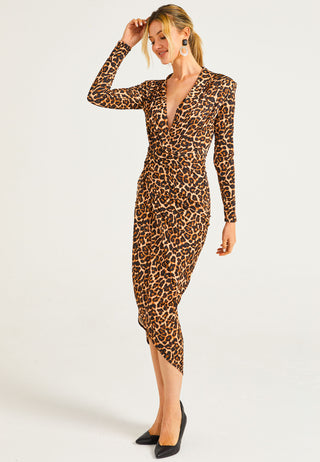 Plunge Neck Faux Wrap Print Midi Dress in Leopard - ANGELEYE
