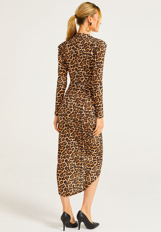 Plunge Neck Faux Wrap Print Midi Dress in Leopard - ANGELEYE