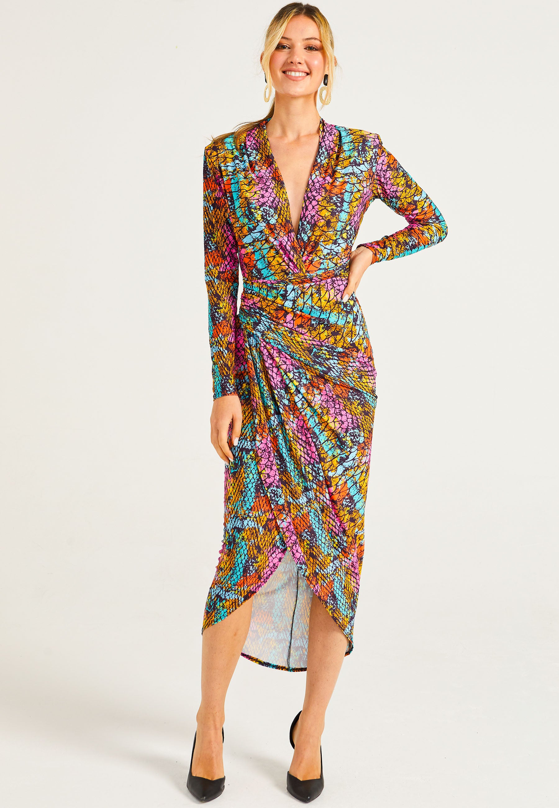 ANGELEYE Plunge Neck Faux Wrap Print Midi Dress in Multi Snake