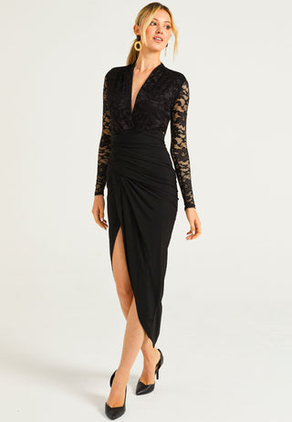 Plunge Neck Lace Top Wrap Style Midi Dress - ANGELEYE