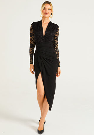 Plunge Neck Lace Top Wrap Style Midi Dress - ANGELEYE