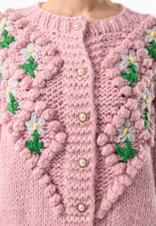 Pink Chunky Floral Knit Cardigan - ANGELEYE