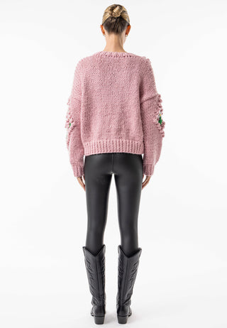 Pink Chunky Floral Knit Cardigan - ANGELEYE