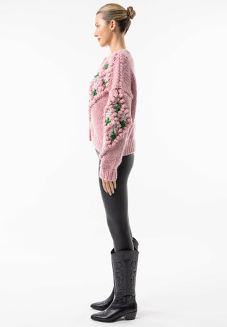 Pink Chunky Floral Knit Cardigan - ANGELEYE