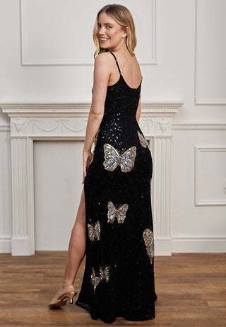 Butterfly Embellished Sequin Maxi Dress in Black