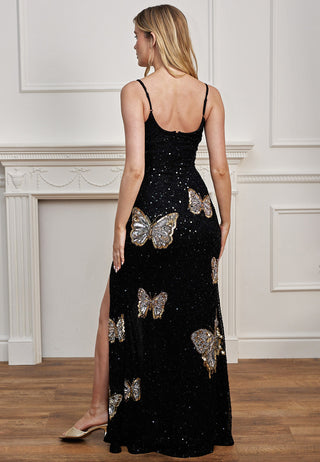Butterfly Embellished Sequin Maxi Dress in Black