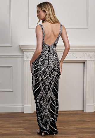 Embellished Plunge Neck Maxi Dress in Black Silver