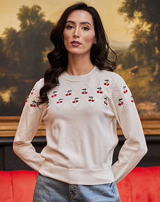 Cherry Embroidered Knit Jumper in White