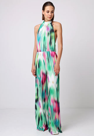 Halter Neck Wide Leg Jumpsuit in Brush Stroke Print