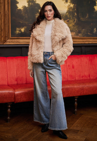 Glitter Faux Fur Coat in Beige