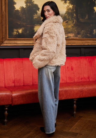 Glitter Faux Fur Coat in Beige
