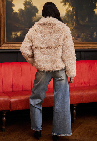 Glitter Faux Fur Coat in Beige