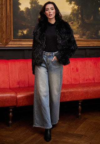 Glitter Faux Fur Coat in Black