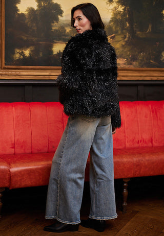 Glitter Faux Fur Coat in Black