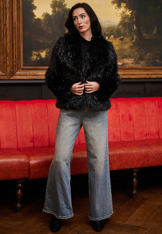 Glitter Faux Fur Coat in Black