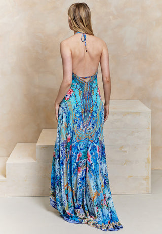 Maxi Beach Dress in Blue Tropical Print