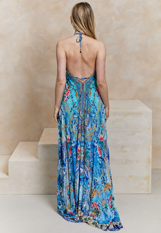 Maxi Beach Dress in Blue Tropical Print
