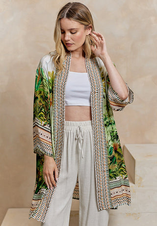 Bordered Kimono in Cream Tropical Print