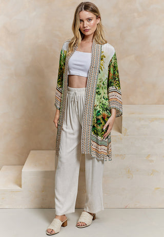 Bordered Kimono in Cream Tropical Print