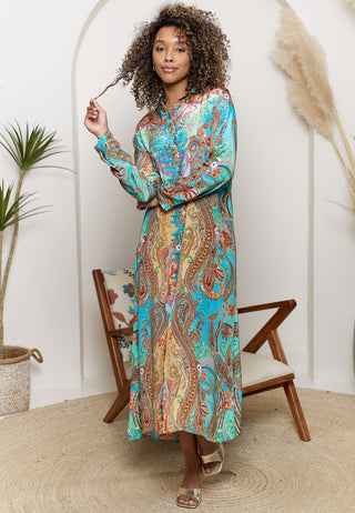 Midi Shirt Dress in Teal Bohemian Print