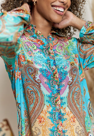 Midi Shirt Dress in Teal Bohemian Print