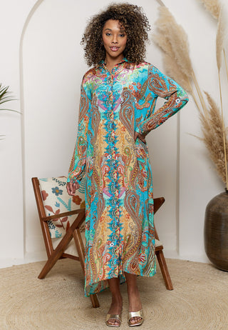 Midi Shirt Dress in Teal Bohemian Print