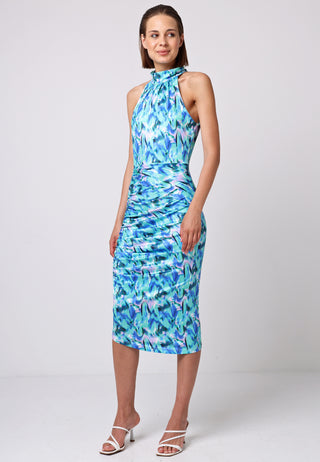 Halter Neck Ruched Side Midi Dress in Green Print