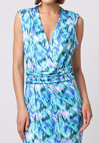 Sleeveless Bodycon Wrap Midi Dress in Green Print