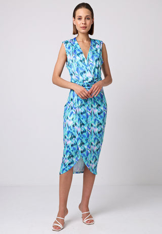 Sleeveless Bodycon Wrap Midi Dress in Green Print