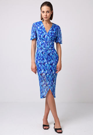 Angel Sleeve Mesh Wrap Midi Dress in Blue Print