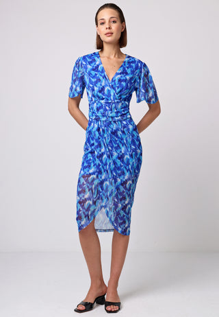 Angel Sleeve Mesh Wrap Midi Dress in Blue Print