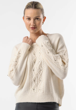 Cable Knit Gem Detail White Jumper - ANGELEYE