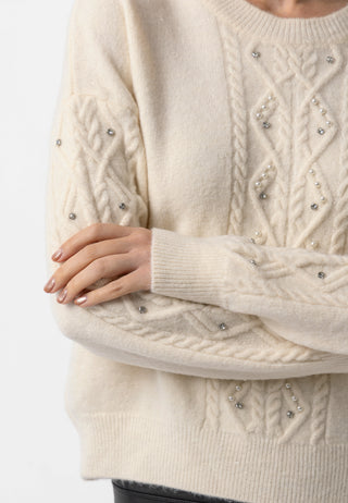 Cable Knit Gem Detail White Jumper - ANGELEYE