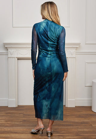 Mesh Bodycon Midi Dress in Teal Watercolour
