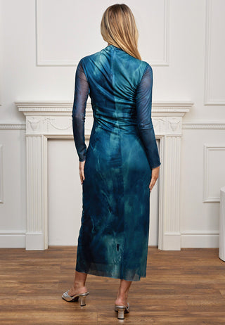 Mesh Bodycon Midi Dress in Teal Watercolour