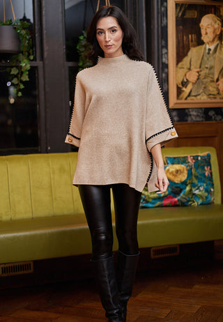 Mock Neck Poncho in Beige