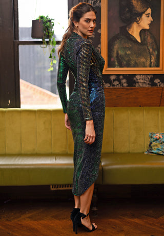 Multicolour Sequin Faux Wrap Long Sleeve Cocktail Midi Dress - ANGELEYE