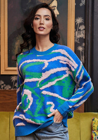 Abstract Print Knit Jumper in Blue